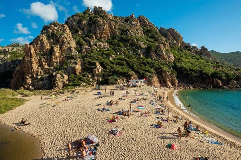 Red rocks and picturesque beach, Spiaggia di Cala li Cossi, Costa Paradiso, Sardinia, Italy, Europe