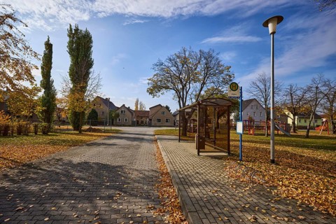 Möglenz bus stop with lantern and autumnal trees, Dorfstraße, Möglenz district, Bad Liebenwerda,