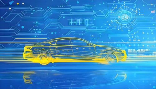 Sport car silhouette with vibrant blue and yellow dynamic lines showing motion, surrounded by data