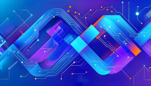 Interlocking geometric shapes that morph into circuits, symbolizing AI logic and algorithms,