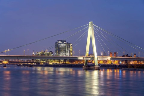 Severinsbrücke bridge over the Rhine and the Deutz district at dusk, Cologne, North