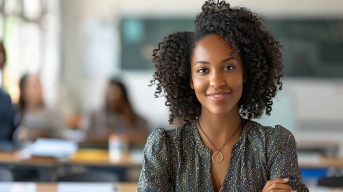 Proud smiling african american female teacher standing in her classroom. generative AI, AI