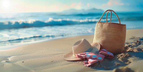 Beach scene with a straw hat, beach bag. Summer vacation, palm trees and ocean in the background,