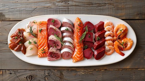 All meat and fish platter overhead. generative AI, AI generated