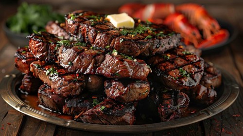 Plate with A stack of several grilled steaks with butter on top. generative AI, AI generated