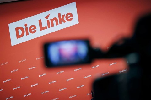 Press wall in the party headquarters of the Left Party, in the Karl Liebknecht House in Kleine