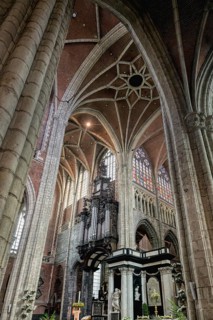 10th century Gothic St. Bavo Cathedral, Vaulted ceiling and columns of the central nave, Ghent,