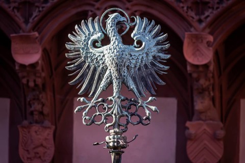 Historical city coat of arms in front of the Römer, town hall of Frankfurt am Main, Hesse, Germany,