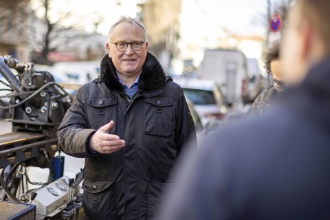 SPD parliamentary candidate Klaius Mindrup at a demonstration in Rykestraße against the decision of