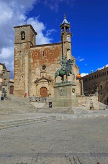Iglesia de San Martin church and Pizarro statue in historic medieval town of Trujillo, Caceres
