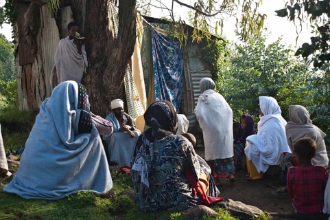Orthodox christian persons waiting their turn to get rid of evil spirits, Tigray state, Ethiopia.