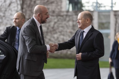 Federal Chancellor Olaf Scholz (SPD) welcomes Charles Michel, President of the European Council, at