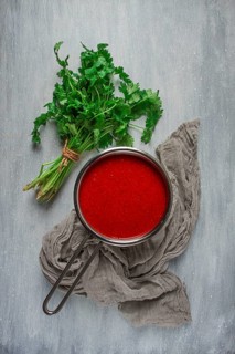 Tomato sauce with pepper and spices, Satsebeli, Georgian cuisine, red sauce, top view, homemade, no