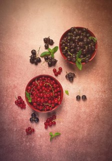 Berries, fresh, red currant, and black gooseberry, in bowls, top view, no people