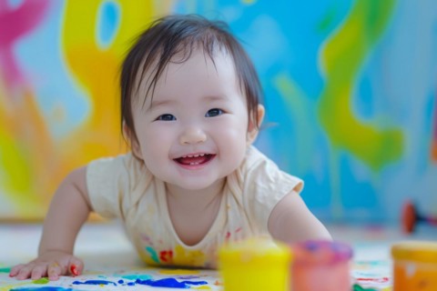 Creative asian child having fun drawing and playing with colors and painting brushes, AI generated