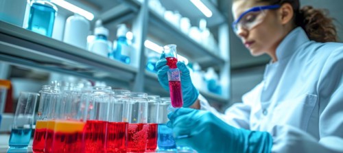 Scientist in lab medicine research holding vials with blood and virus samples for DNA sequencing,