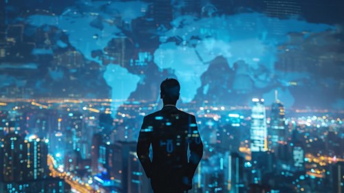 Confident business manager executive overlooking financial center from corporate office, AI
