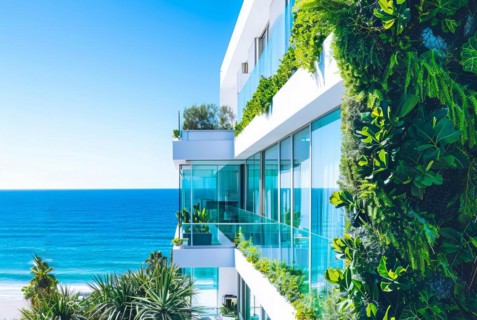 Luxury condo facing scenic ocean view and a beach, AI generated