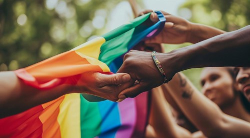 Diverse people hands over rainbow LGBTQ flag showing love, affection and unity, AI generated