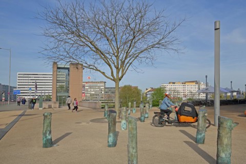 Memorial The Interrupted Forest by Ariel Auslender 2013 and pedestrian, cyclist with trailer,