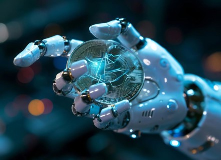 Futuristic Android robot holding a bitcoin, a concept of big data and AI, AI generated