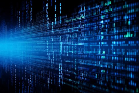 Blue dynamic digital data streams, showcasing flowing lines of code in a mesmerizing pattern, ideal