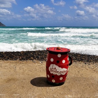 Red outdoor bar table, jug, bar with sea view, beach bar, Cabo de Gata Natural Park,