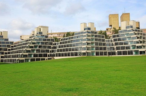 Student accommodation buildings known as Ziggurats, campus of University of East Anglia, Norwich,