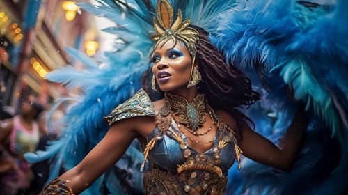 A dancer mascot adorned in a dazzling costume with feathers, immersed in the energetic atmosphere