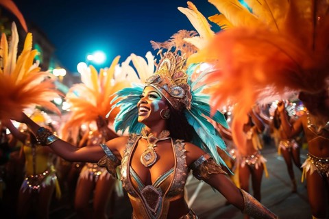 Captivating image capturing the essence of the Rio Carnival, showcasing a dancer adorned in an