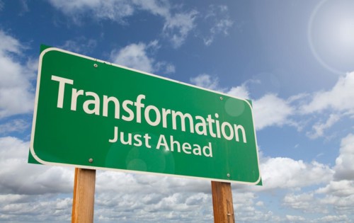 Transformation just ahead green road sign over clouds and blue sky, AI generated