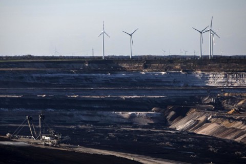Garzweiler open-cast lignite mine with spreaders and wind turbines in the background, Jüchen, North