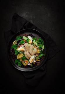 Salad of squid and vegetables, with egg, homemade, no people