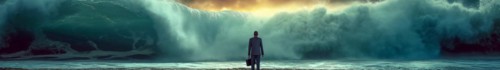 Banner of disheartened businessman standing on the shore in the midst of approaching turbulent