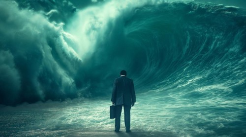 Disheartened businessman standing on the shore in the midst of approaching turbulent crashing waves