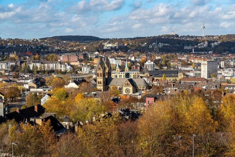 View over Wuppertal, to the north, city centre district Elberfeld, church St. Suitbertus, basilica