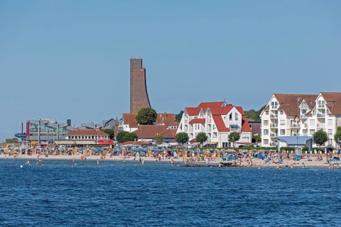 Houses, beach, people, marine memorial, Laboe, Schleswig-Holstein, Germany, Europe