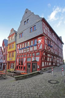 Half-timbered houses, slate house with tail gable, fish market, old town, Limburg, Hesse, Germany,
