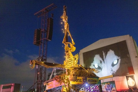 Copenhagen, Denmark - 19.6.2024: Hanging skeleton at the Copenhell Metal Festival at Kløverparken