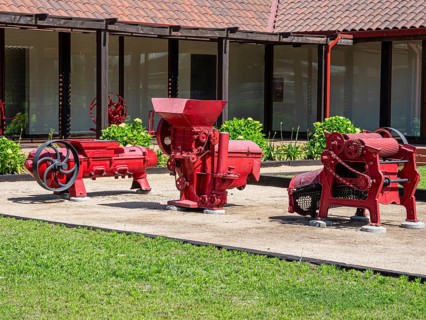 Balduzzi winery, San Javier, Maule valley, historical wine machinery, exhibition outside the shop,
