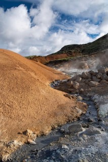 Mud pots, solfataras, coloured mineral deposits, Seltún geothermal area near Krýsuvík or Krísuvík,