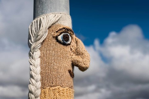 Knitting art or guerrilla knitting, lamppost, Blönduós, Norðurland, Iceland, Europe