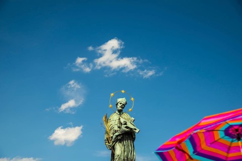 Statue of St John of Nepomuk, Charles Bridge on the Vltava River, UNESCO World Heritage Site,