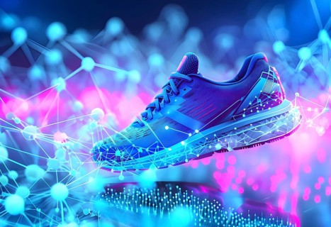 Sporting equipment, like a running shoe, breaking into pixels and data points, morphing into a