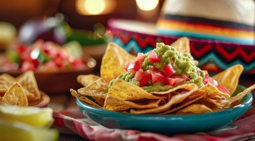 Mexican traditional nachos with avocado jalapeno guacamole and tomato salsa., AI generated