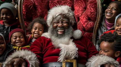 Jovial african american santa claus with happy children in his chair at the shopping center.