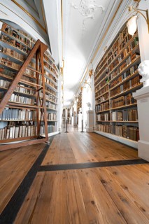 Long corridor with high bookshelves and wooden beams, creating a historical atmosphere, Weimar,