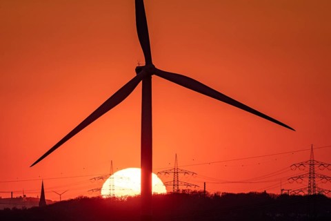 Emschergenossenschaft wind turbine, view to the west, in Essen, sunset, North Rhine-Westphalia,