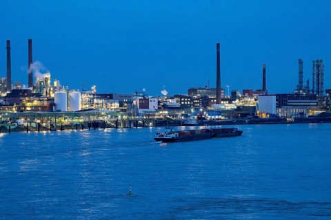 Backdrop of Chempark Leverkusen, Bayer Leverkusen, chemical park, chemical plant, river Rhine,