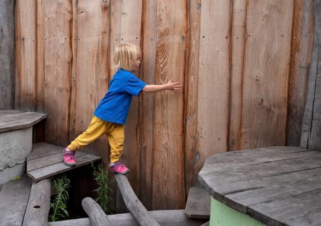 Little girl, 3 years, blonde, balancing, gymnastics, playing, adventure playground, playground,
